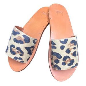 BEEK LOVEBIRD LEATHER AND CALF HAIR SLIDE SANDALS in Leopard/Tan NWB SIZE 6